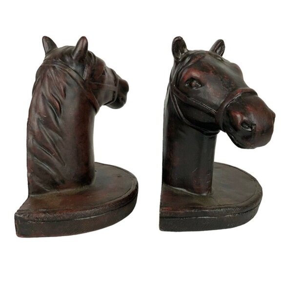 Resin Horse Head Bookends Brown Heavy Library Shelf Decor Realistic Design - Picture 3 of 9